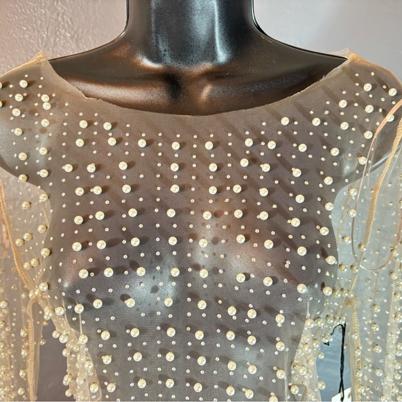 Haute Monde Mesh Rhinestone Faux Pearl Top - Nude - Picture 3 of 12
